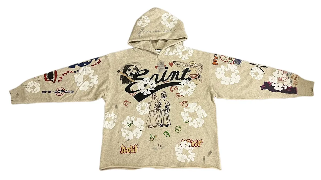 DENIM TEARS × ©SAINT M×××××× "SAINT TEARS" Graffiti Hoodie 22ss co-branded cotton graffiti hoodie, full printed washed distressed hole Vintage sweatshirt, gray S-XL, super heavy duty! The whole piece is printed with 35 screens and counterpoint printing!